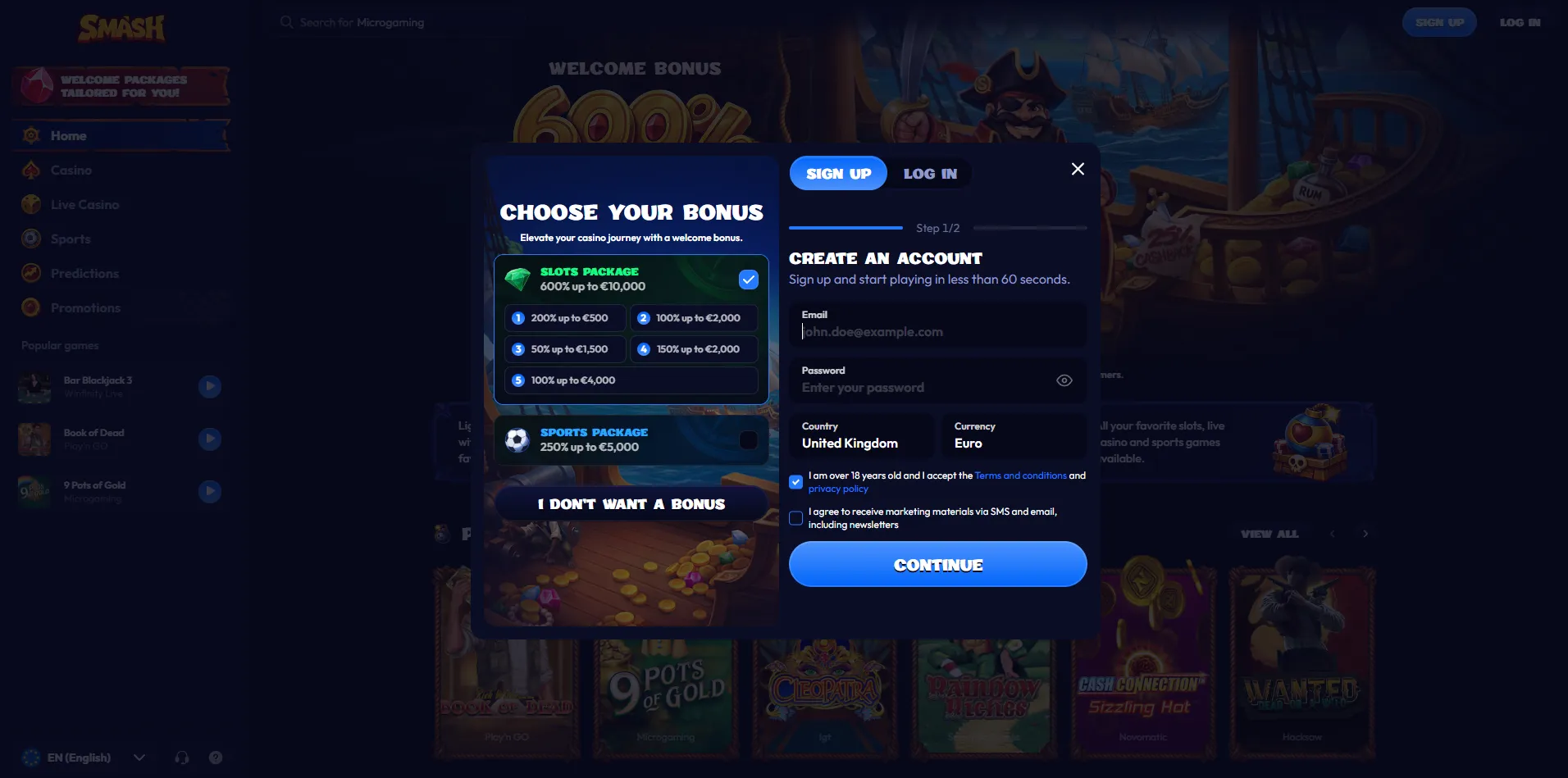 Games available at Smash Casino